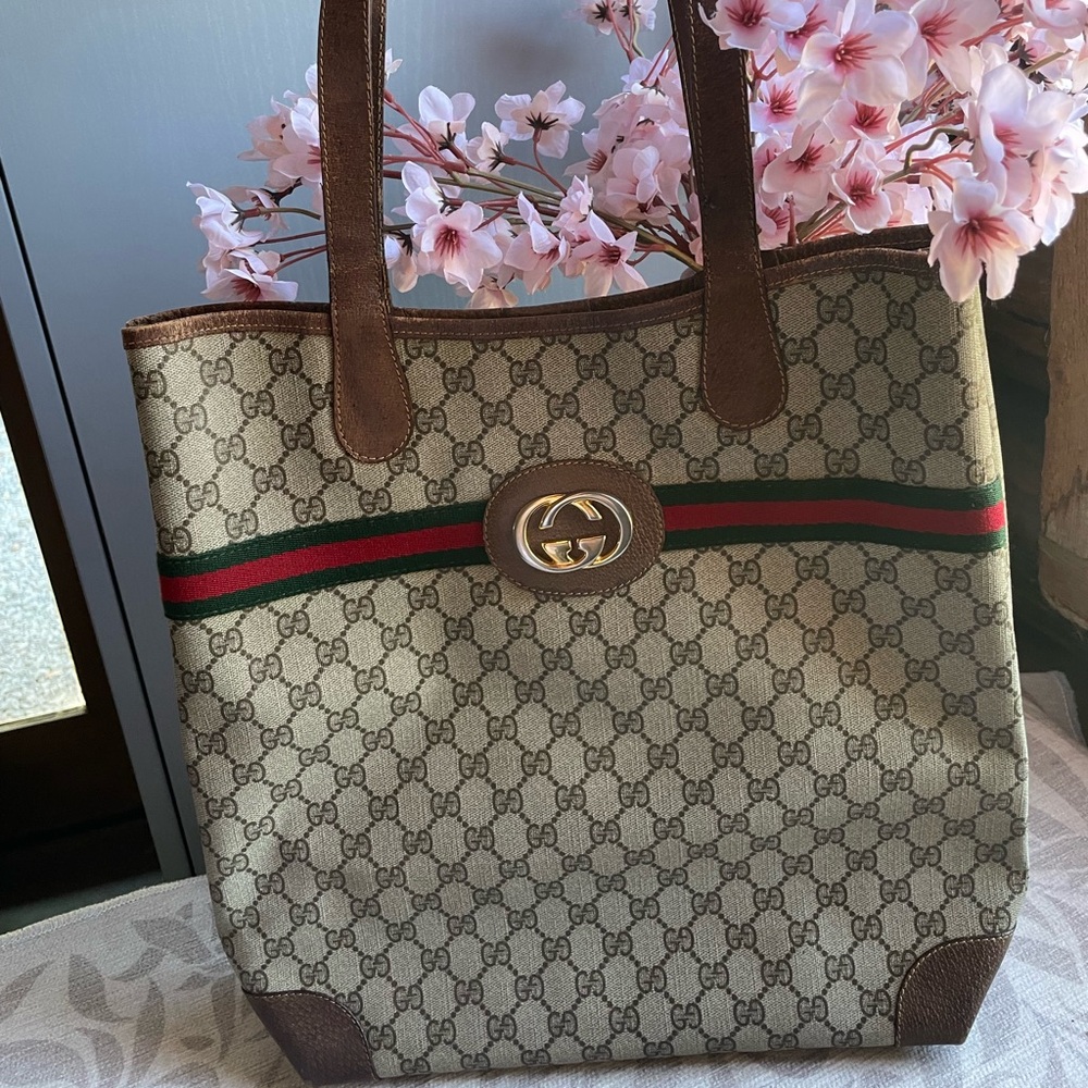 Gucci Beige and Brown Tote with Red and Green Stripe